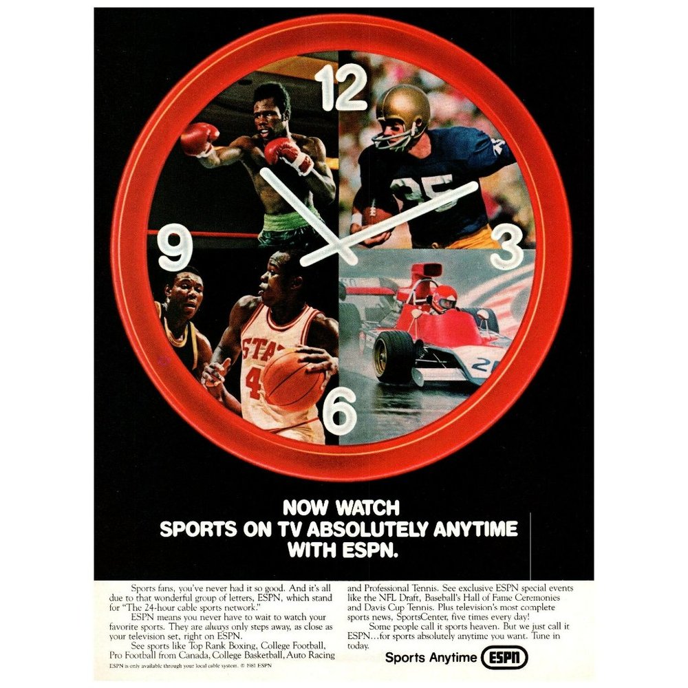 1981 ESPN Anytime Sports Cable TV Channel Vintage Print Ad Clock Football Race